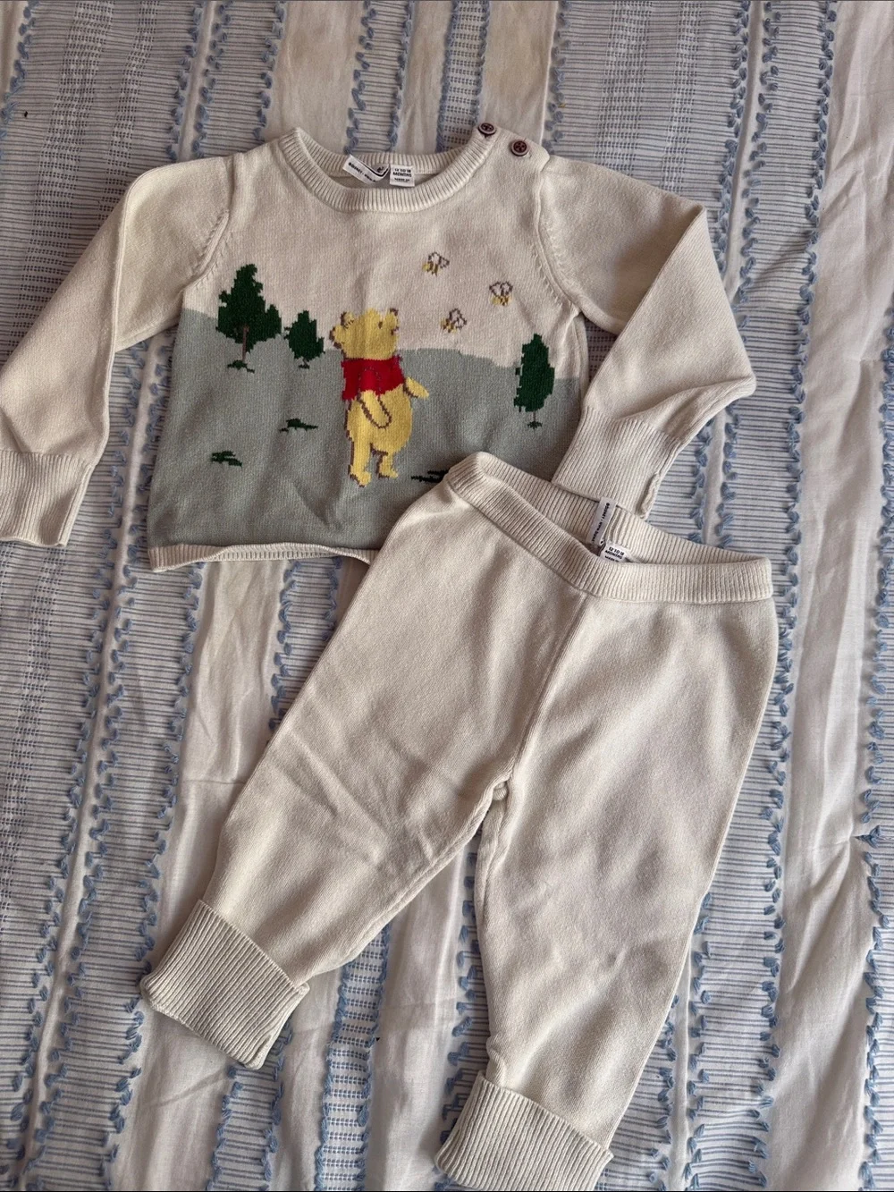 Janie and Jack Cream Knit Winnie the Pooh Pajama Set with Red Scarf